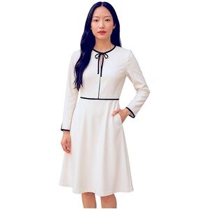 Ted Baker Dress White Black Tie Neck Long Sleeve Pocket Classic Minimalist 3/M